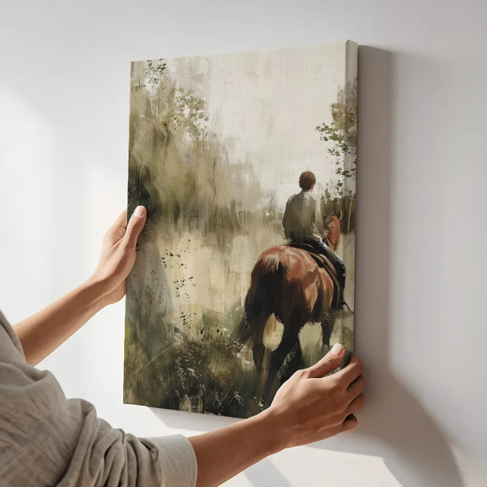 Sfeerimpressie: Ruiter in de ochtendnevel terwijl het aan de muur wordt gehangen