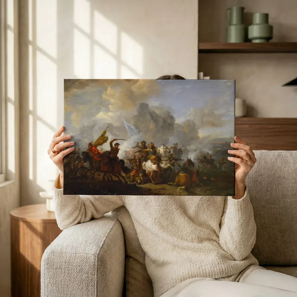 Sfeerimpressie: Ruitergevecht tussen Turken en Christenen van Philips Wouwerman terwijl het omhoog wordt gehouden