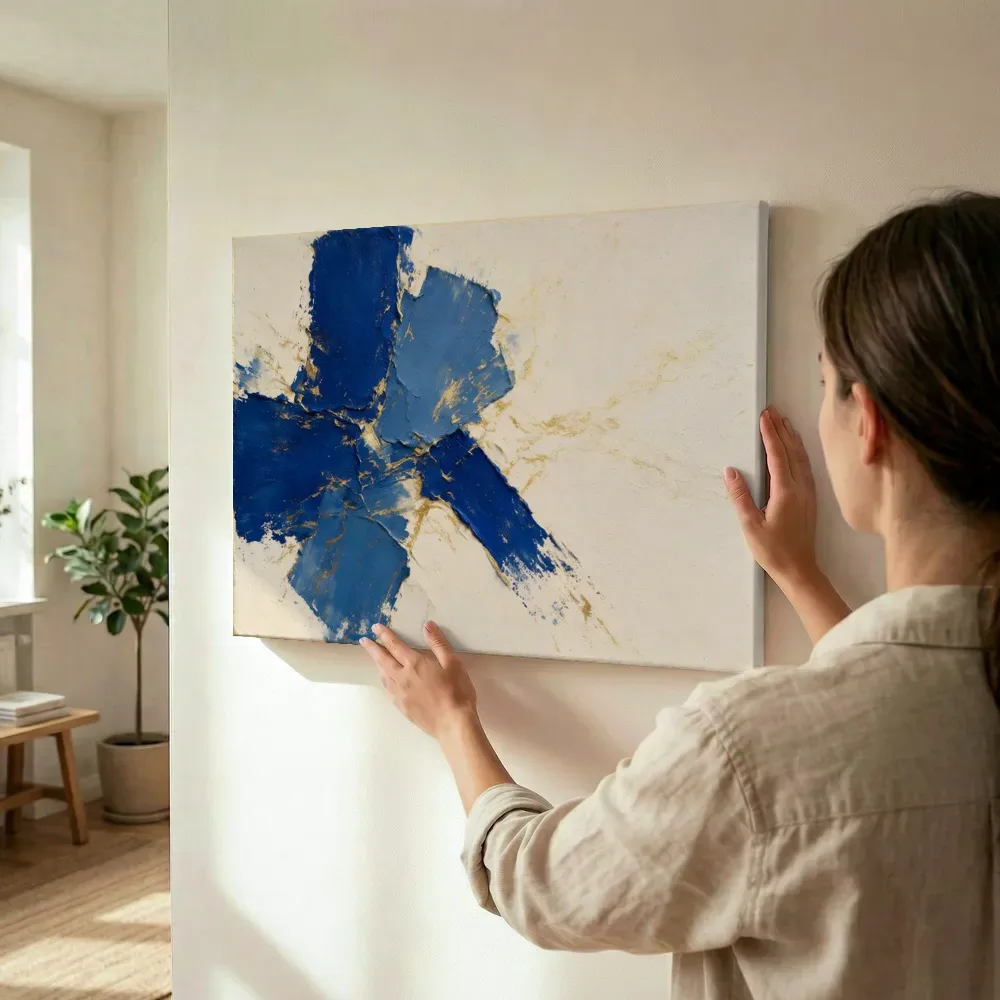 Sfeerimpressie: Ruwe materie aan de linkerrand in delftsblauw en goud terwijl het wordt opgehangen