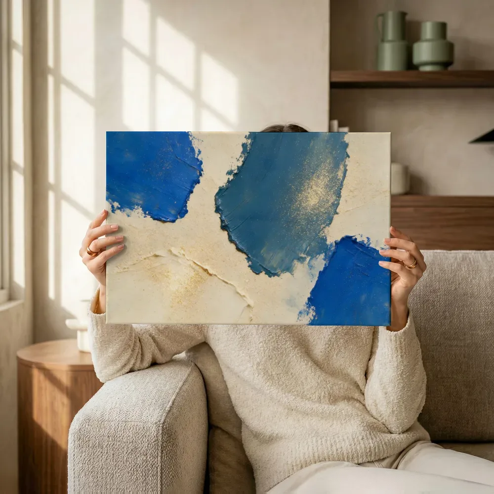 Sfeerimpressie: Ruwe materie buiten beeld in delftsblauw en goud terwijl het omhoog wordt gehouden