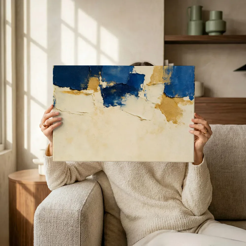 Sfeerimpressie: Ruwe materie hoog in beeld in delftsblauw en goud terwijl het omhoog wordt gehouden