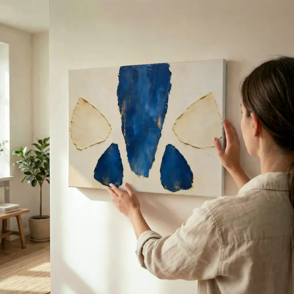 Sfeerimpressie: Ruwe materie in het midden in delftsblauw en goud terwijl het wordt opgehangen