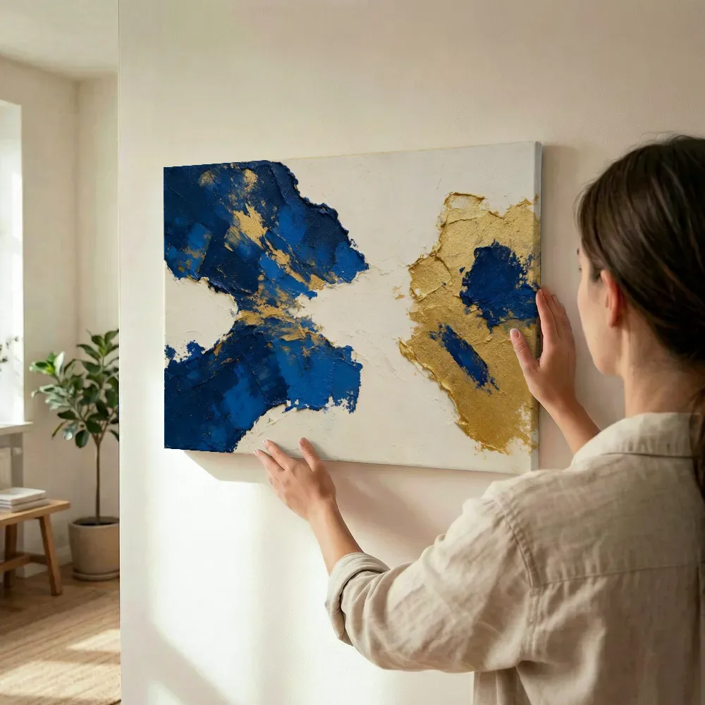 Sfeerimpressie: Ruwe materie in twee massa's in delftsblauw en goud terwijl het wordt opgehangen