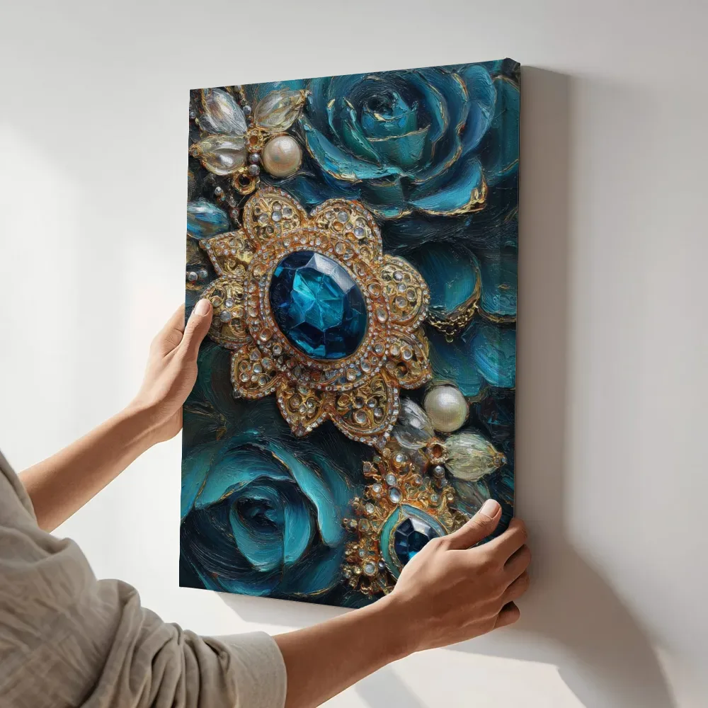Sfeerimpressie: Saffieren broche op turquoise rozen terwijl het aan de muur wordt gehangen
