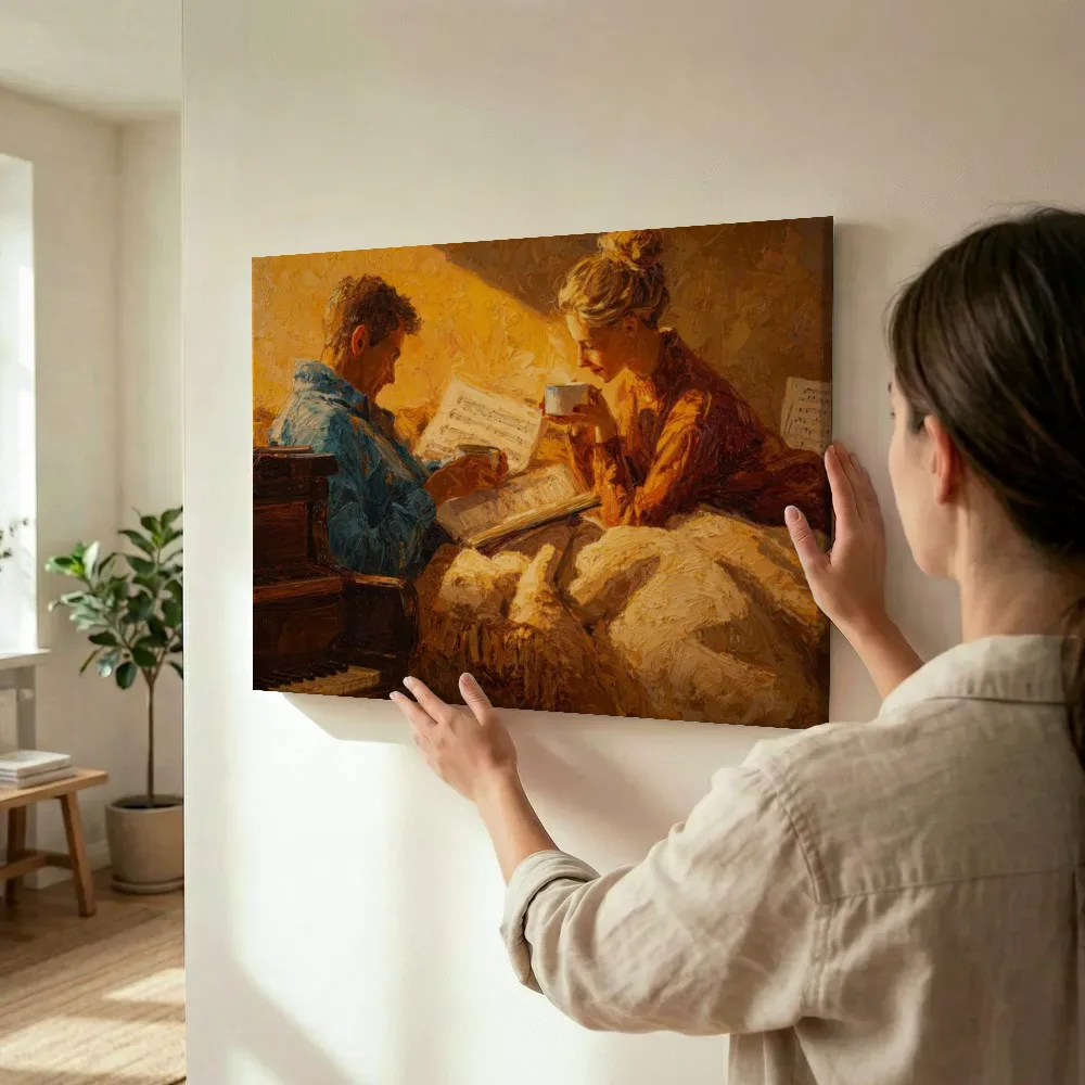 Sfeerimpressie: Samen aan de piano met koffie terwijl het wordt opgehangen