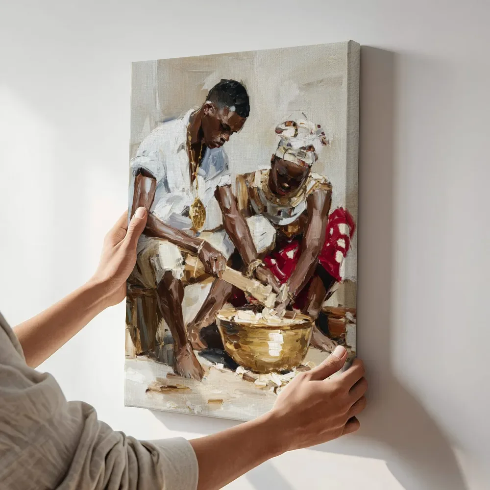 Sfeerimpressie: Samen graan stampen terwijl het aan de muur wordt gehangen
