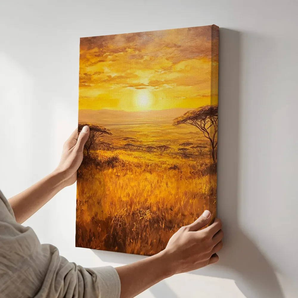 Sfeerimpressie: Savanne zonsondergang terwijl het aan de muur wordt gehangen