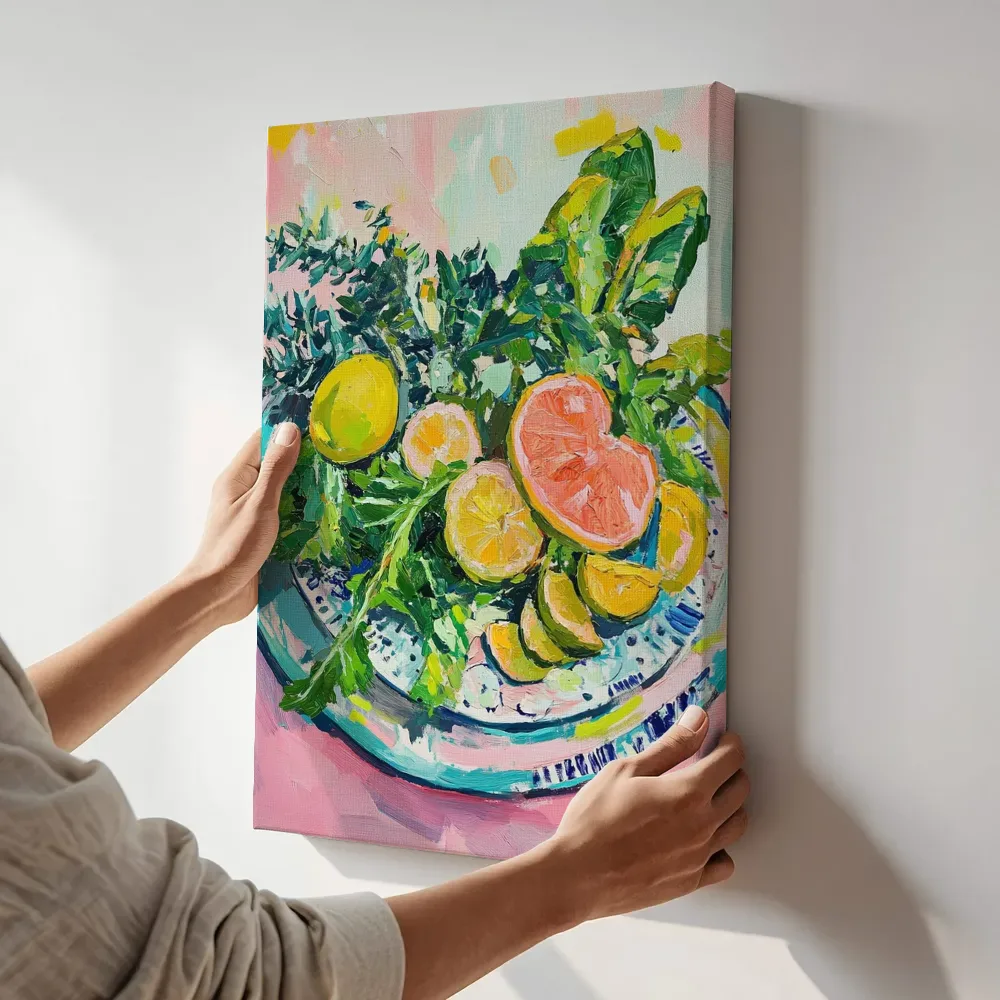 Sfeerimpressie: Schaal met grapefruit en citroen terwijl het aan de muur wordt gehangen