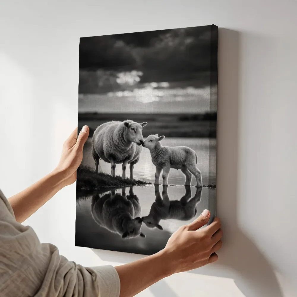 Sfeerimpressie: Schaap een teder moment, een dreigende luchten met een sepia-gloed terwijl het aan de muur wordt gehangen