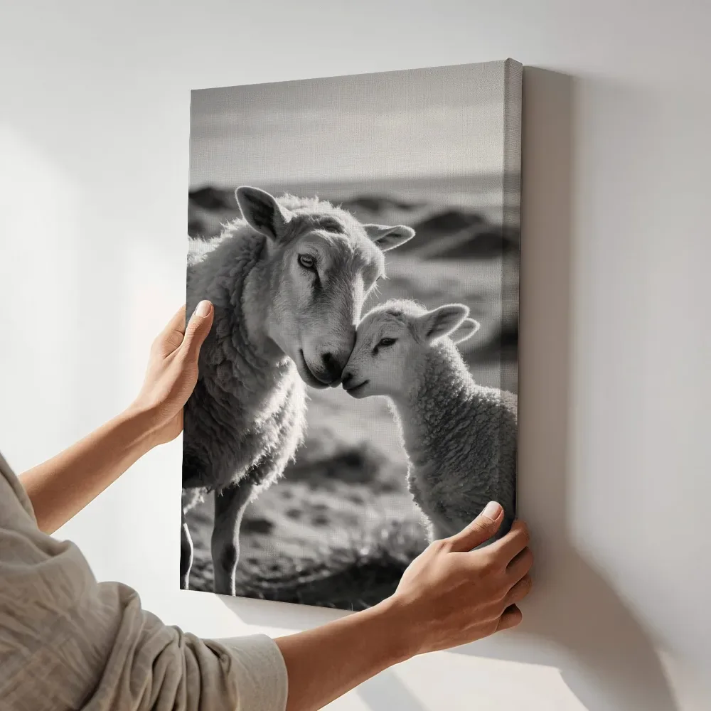 Sfeerimpressie: Schaap een teder moment, het felle tegenlicht van de ondergaande zon terwijl het aan de muur wordt gehangen