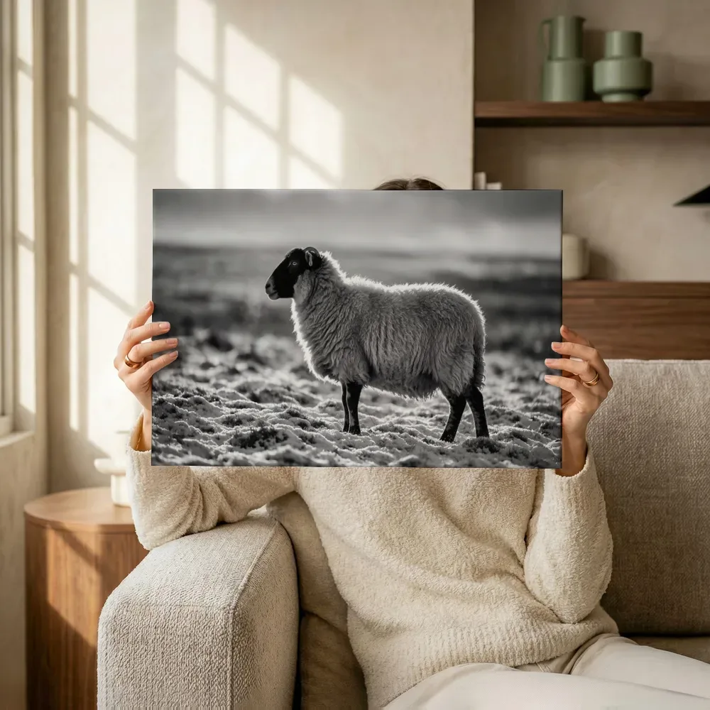 Sfeerimpressie: Schaap en profil, een dun laagje sneeuw terwijl het omhoog wordt gehouden