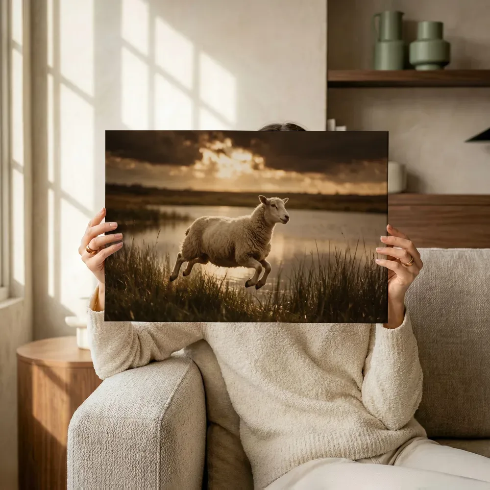 Sfeerimpressie: Schaap in beweging, een dreigende luchten met een sepia-gloed terwijl het omhoog wordt gehouden