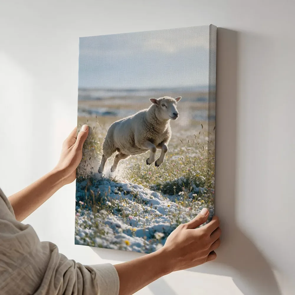 Sfeerimpressie: Schaap in de sprong, een dun laagje sneeuw terwijl het aan de muur wordt gehangen