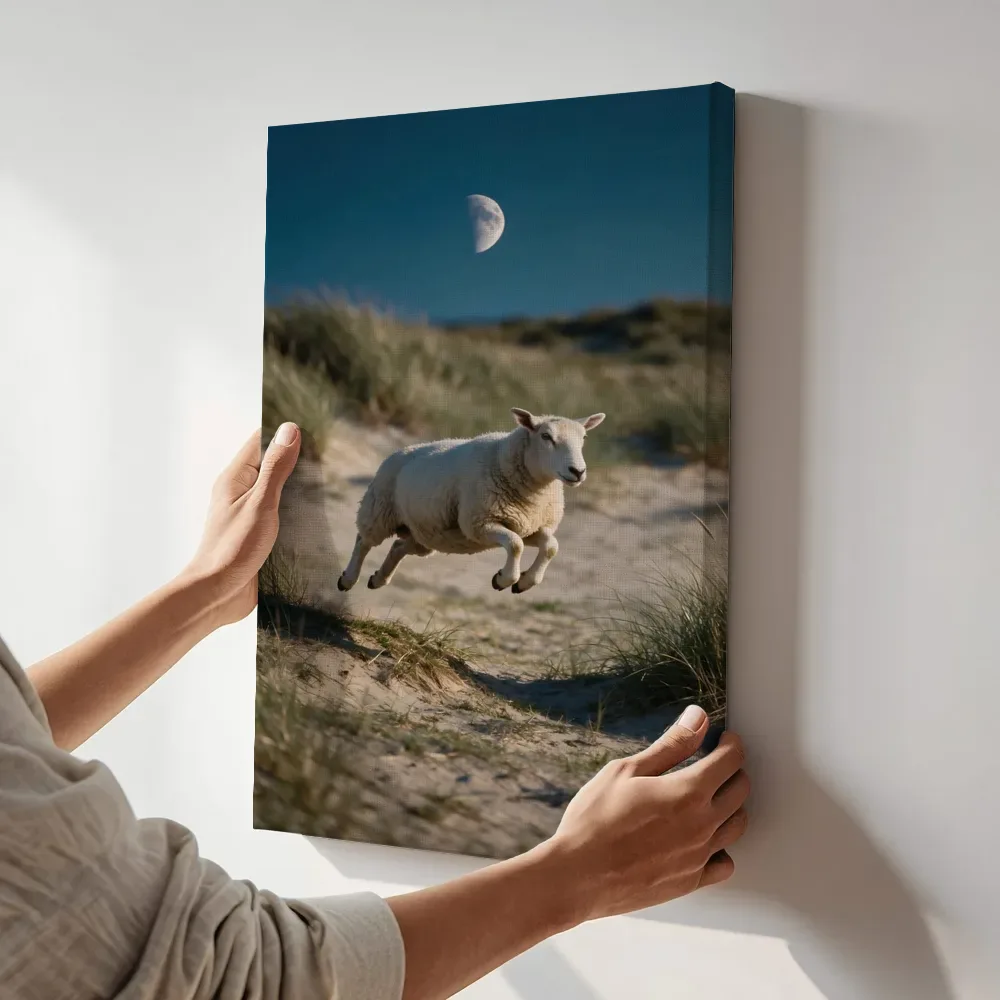 Sfeerimpressie: Schaap in de sprong, het blauwe uur met een maansikkel terwijl het aan de muur wordt gehangen