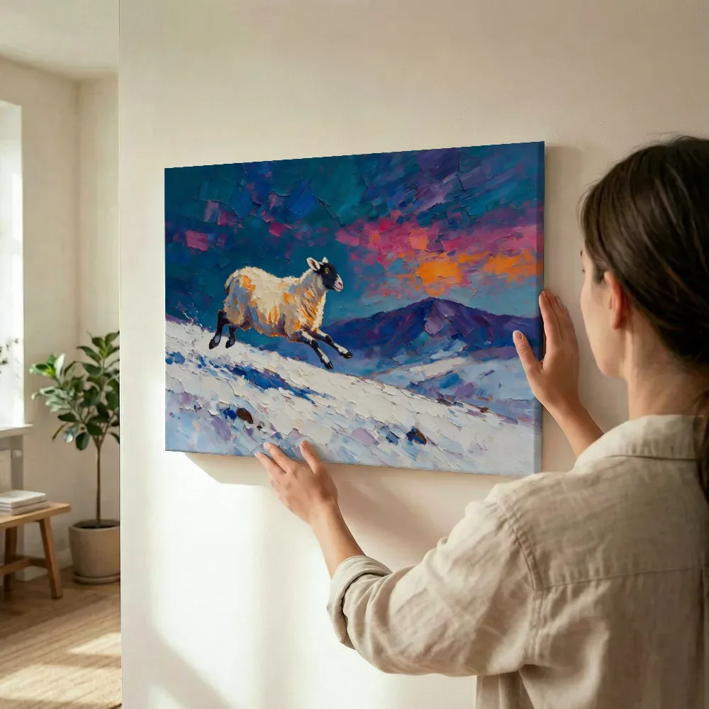 Sfeerimpressie: Schaap in diepe beweging in de sneeuw terwijl het omhoog wordt gehouden