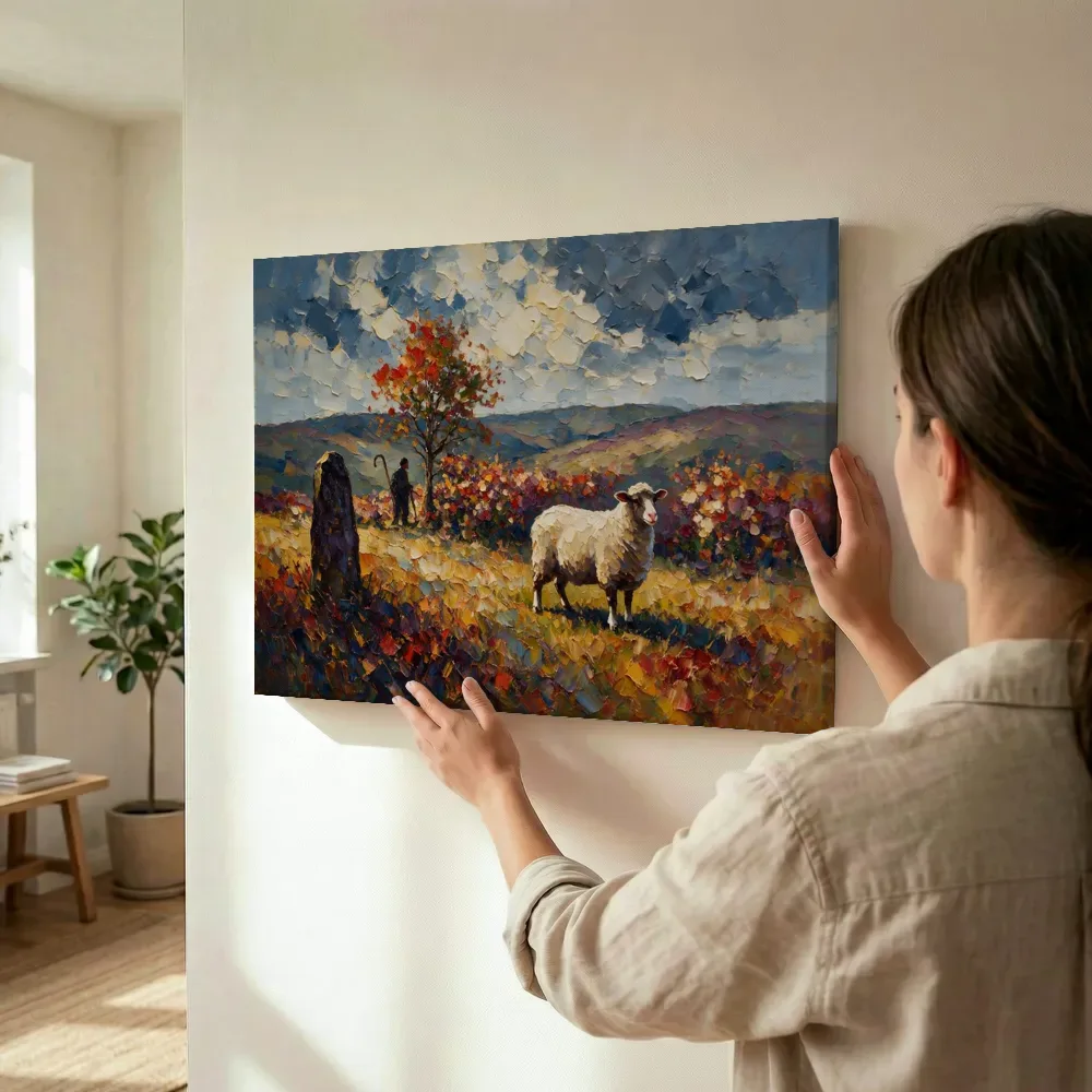 Sfeerimpressie: Schaap diep in het landschap in een bloementuin terwijl het omhoog wordt gehouden