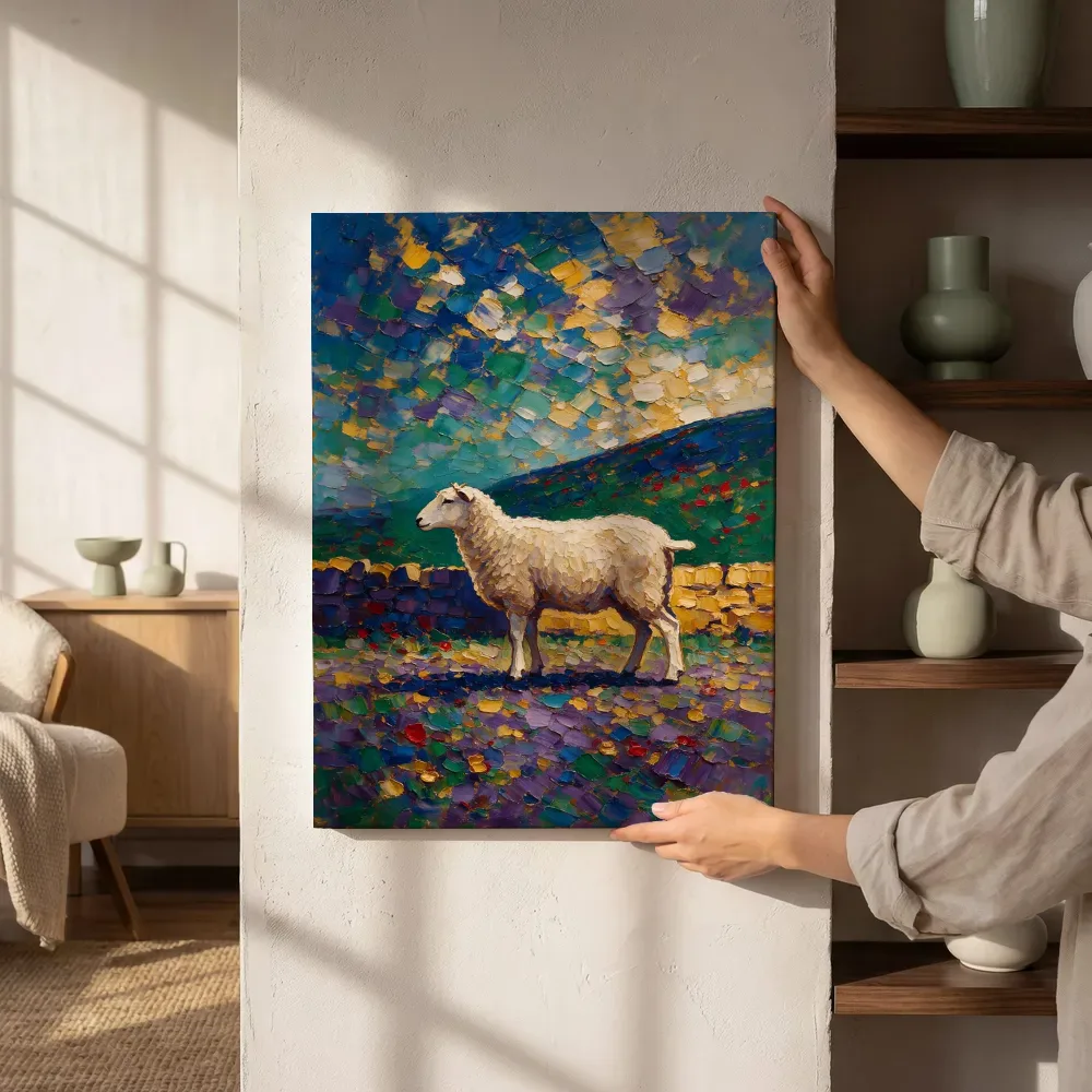 Sfeerimpressie: Schaap in diepe pose tegen een muur in de schaduw terwijl het aan de muur wordt gehangen