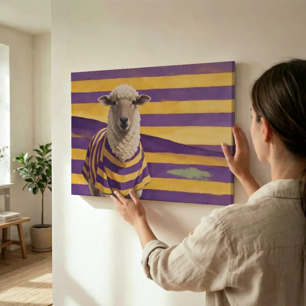 Sfeerimpressie: Schaap in goudgeel en paars terwijl het wordt opgehangen