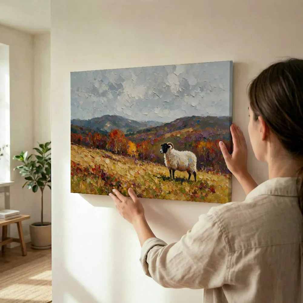 Sfeerimpressie: Schaap in het landschap in een bloementuin terwijl het wordt opgehangen