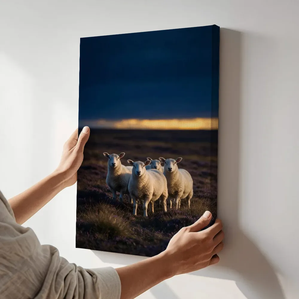 Sfeerimpressie: Schaap in het veld, de laatste gloed vlak voor de nacht 2 terwijl het aan de muur wordt gehangen