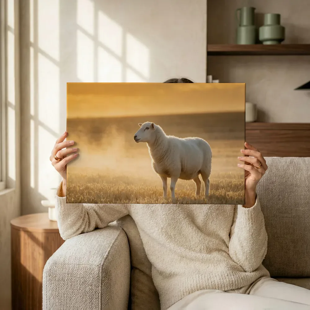 Sfeerimpressie: Schaap in het veld, de ochtendmist terwijl het omhoog wordt gehouden