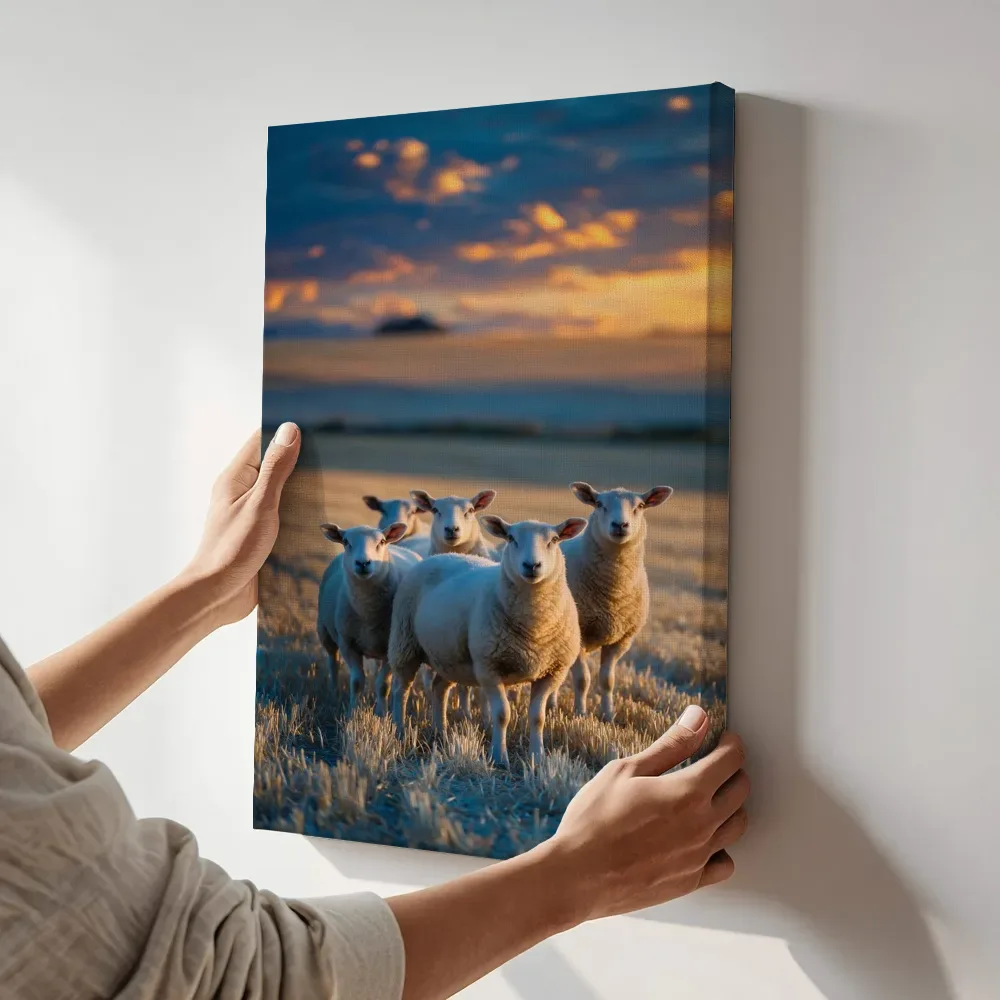 Sfeerimpressie: Schaap in het veld, een blauw-oranje schemering terwijl het aan de muur wordt gehangen