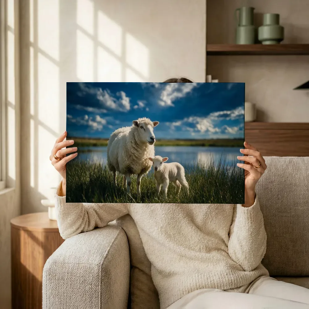Sfeerimpressie: Schaap in het veld, een dramatische blauwe lucht terwijl het omhoog wordt gehouden