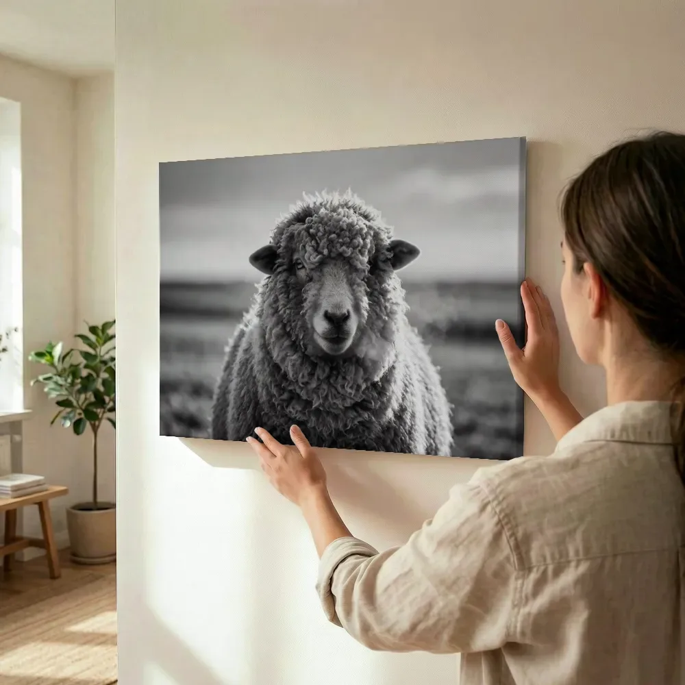 Sfeerimpressie: Schaap in het veld, een dun laagje sneeuw terwijl het wordt opgehangen