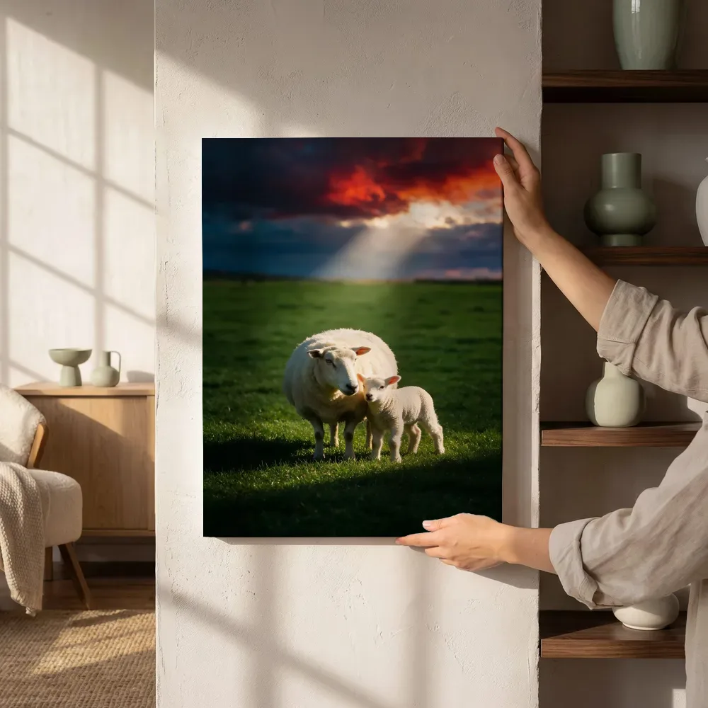 Sfeerimpressie: Schaap in het veld, een enkele lichtbundel als een spotlicht 2 naast de kast