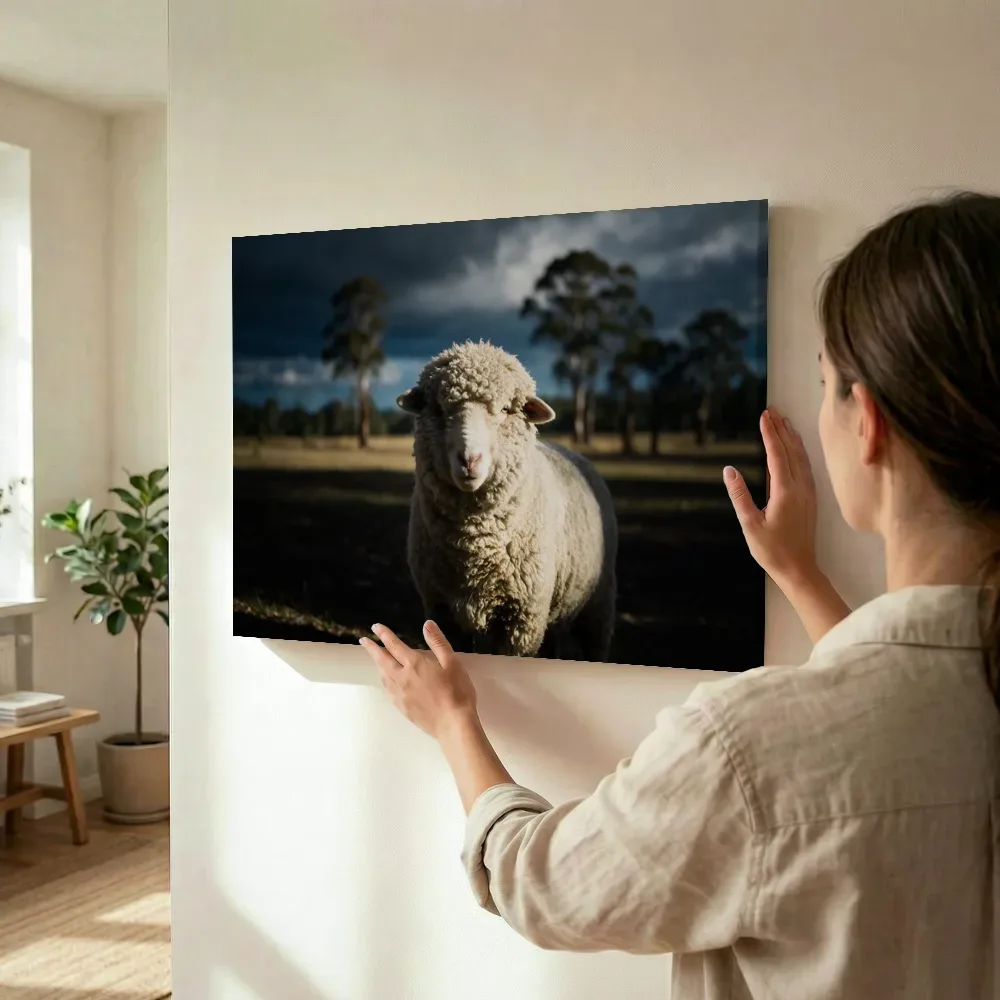 Sfeerimpressie: Schaap in het veld, een enkele lichtbundel als een spotlicht terwijl het wordt opgehangen