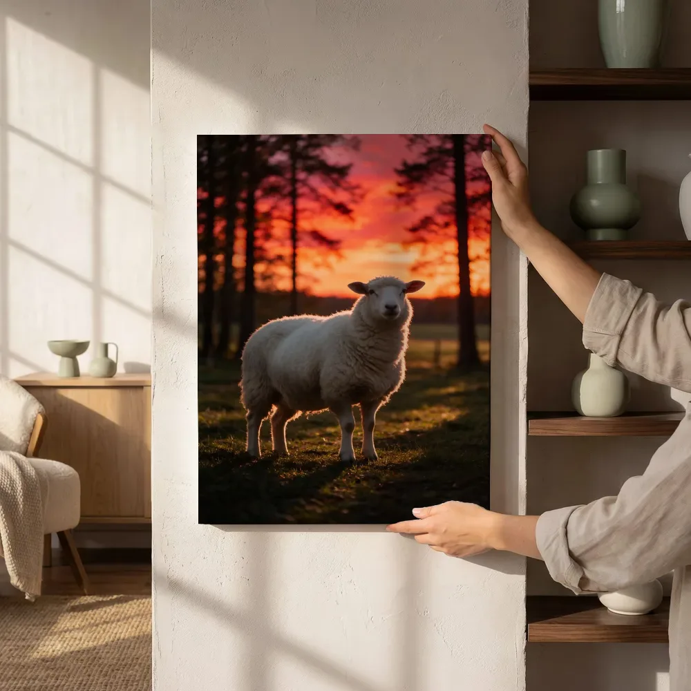 Sfeerimpressie: Schaap in het veld, een silhouet tegen een vurige zonsondergang naast de kast