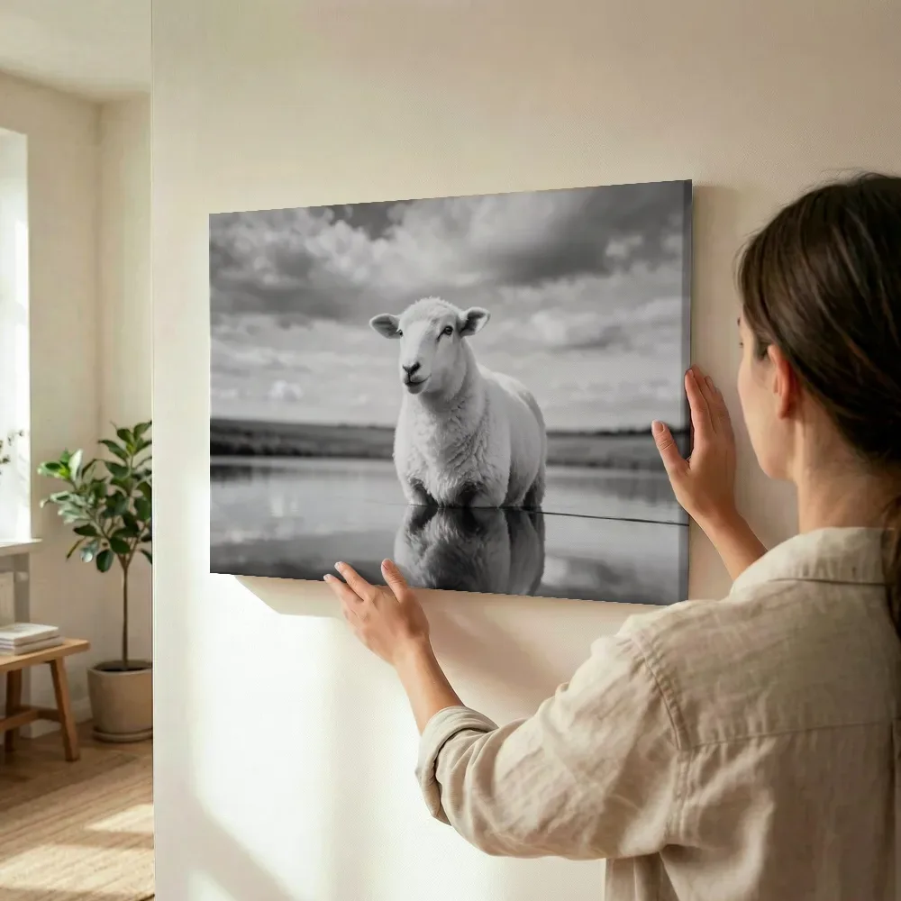 Sfeerimpressie: Schaap in het veld, een zacht bewolkte hemel terwijl het wordt opgehangen