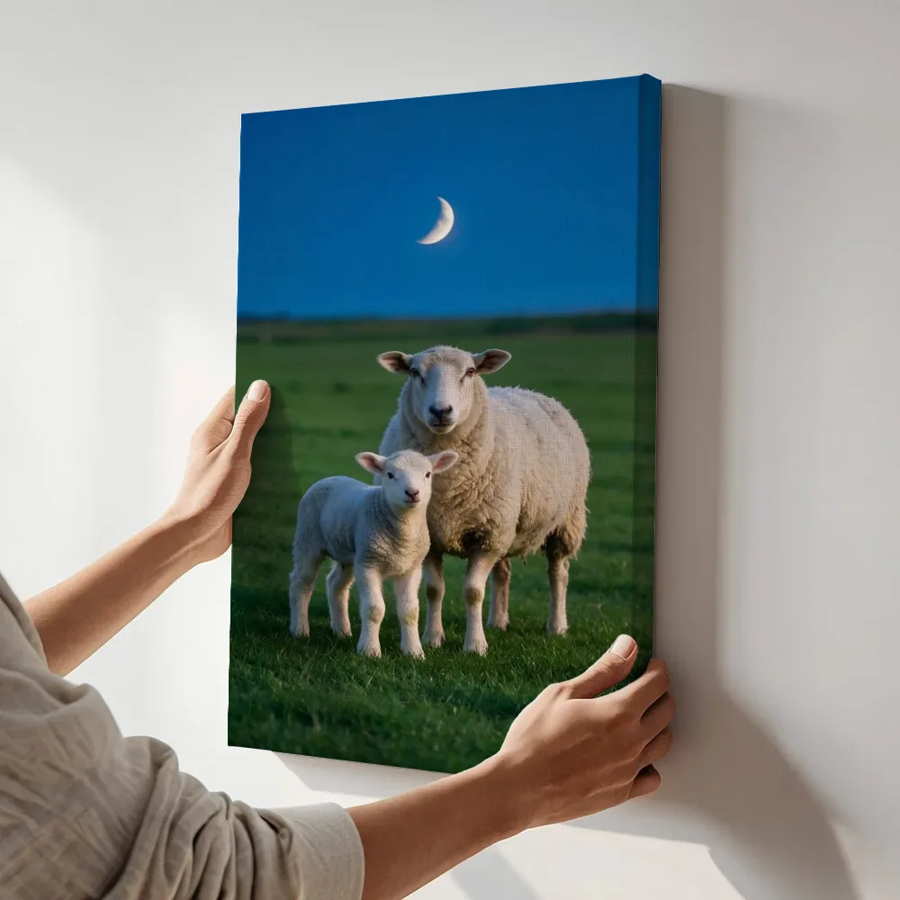 Sfeerimpressie: Schaap in het veld, het blauwe uur met een maansikkel 3 terwijl het aan de muur wordt gehangen