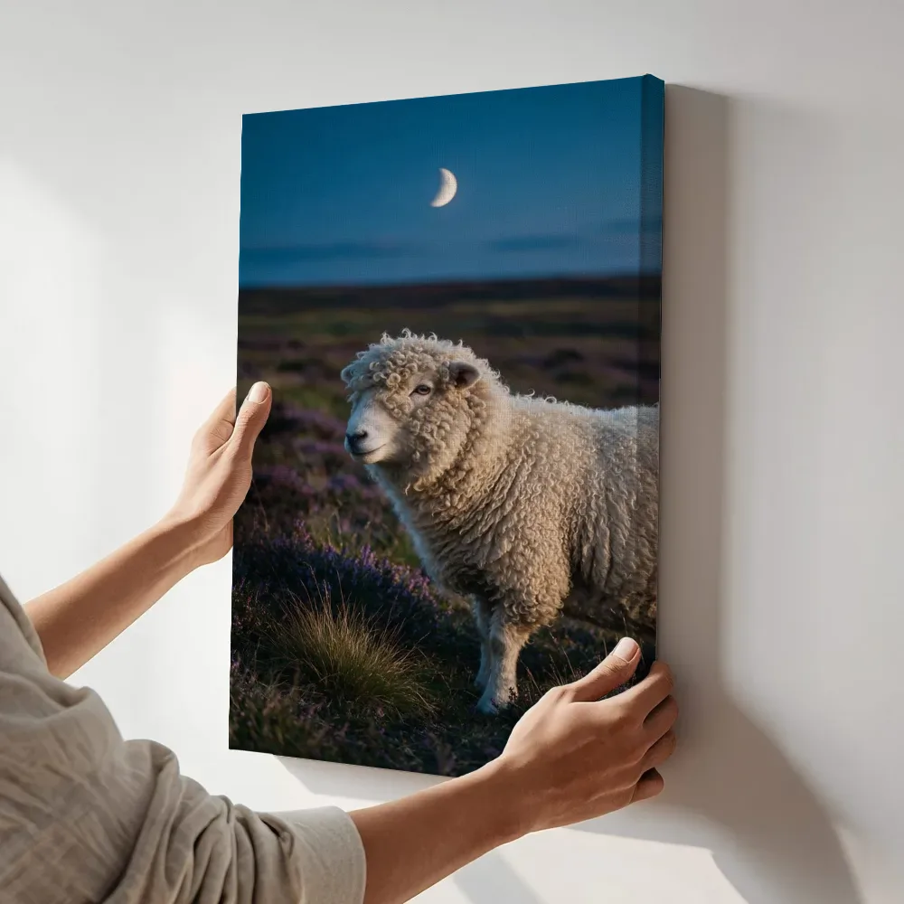 Sfeerimpressie: Schaap in het veld, het blauwe uur met een maansikkel terwijl het aan de muur wordt gehangen