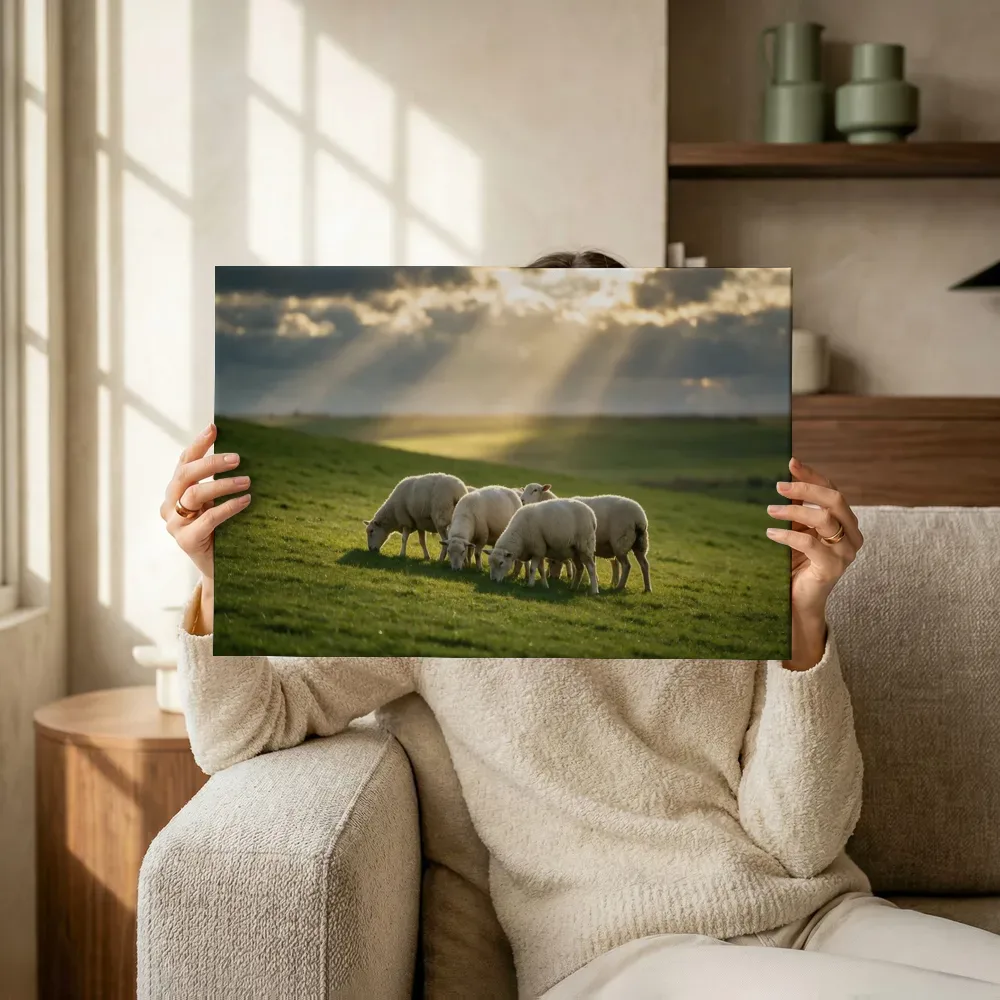 Sfeerimpressie: Schaap in het veld, lichtbundels door de wolken 2 terwijl het omhoog wordt gehouden