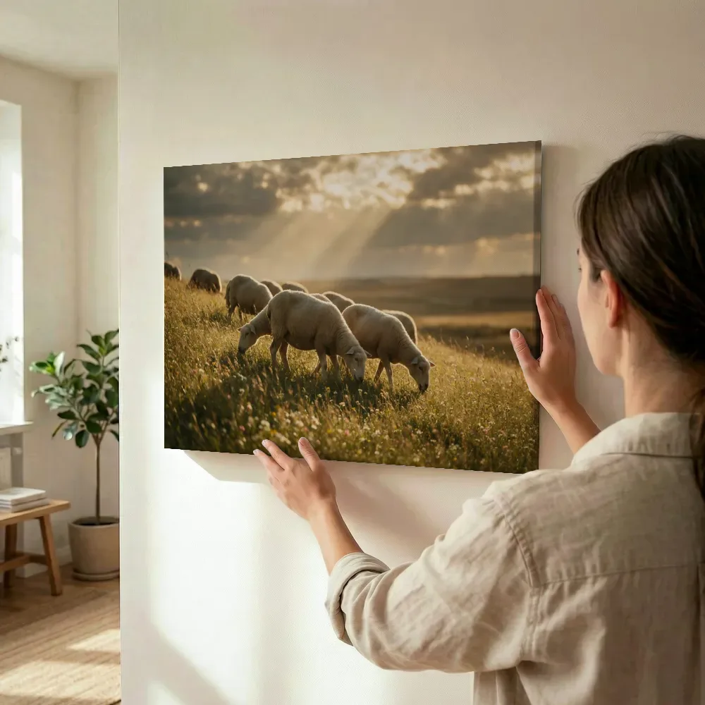 Sfeerimpressie: Schaap in het veld, lichtbundels door de wolken 3 terwijl het wordt opgehangen