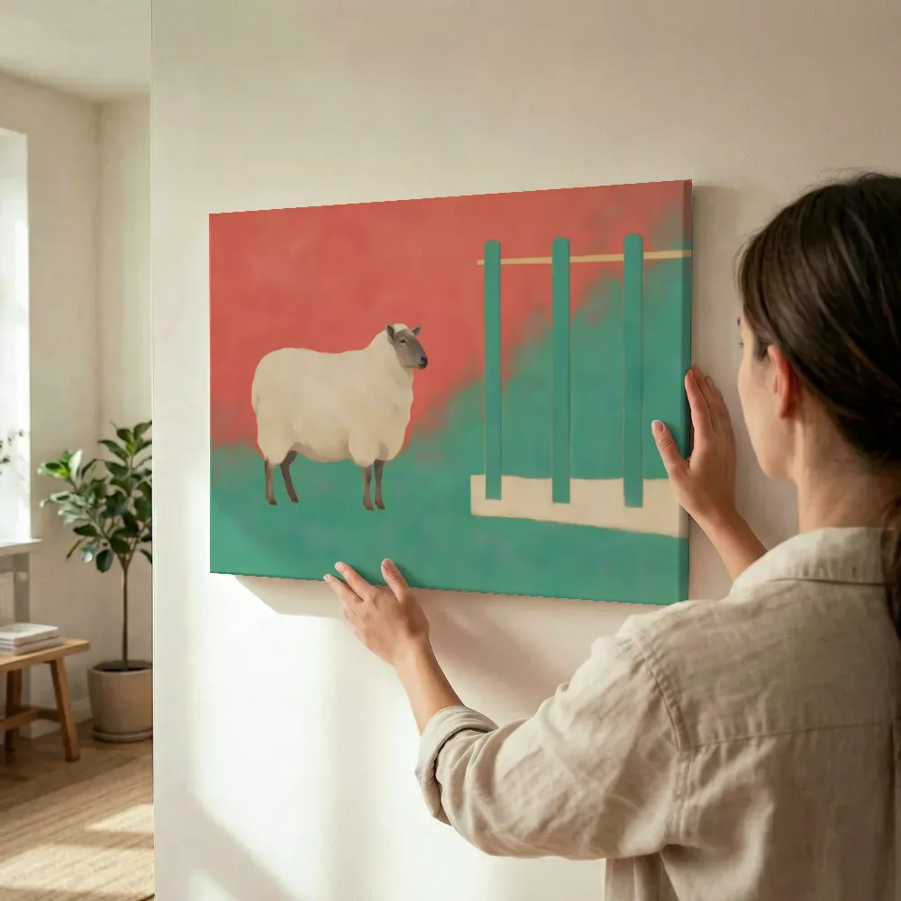 Sfeerimpressie: Schaap in koraalrood en zeegroen terwijl het wordt opgehangen