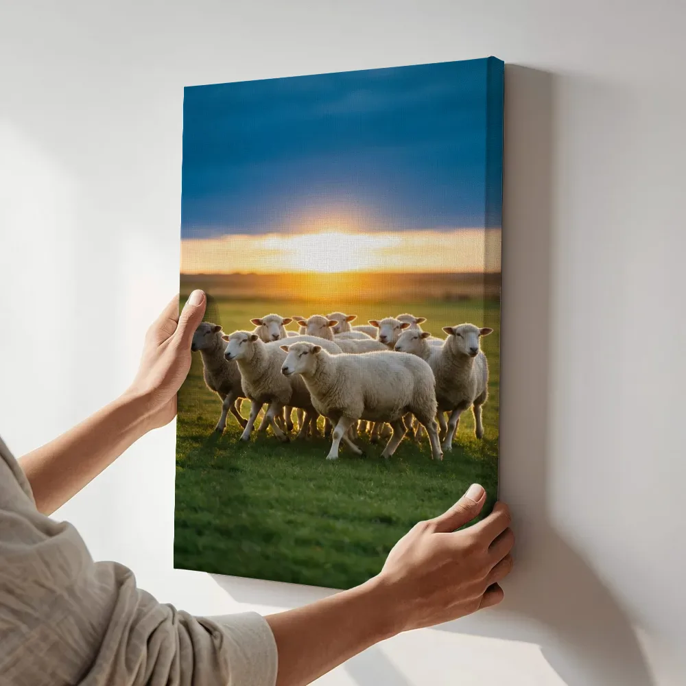 Sfeerimpressie: Schaap in kudde, het felle tegenlicht van de ondergaande zon 2 terwijl het aan de muur wordt gehangen