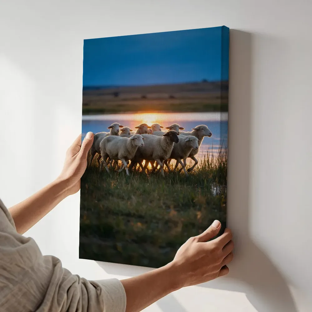 Sfeerimpressie: Schaap in kudde, het felle tegenlicht van de ondergaande zon terwijl het aan de muur wordt gehangen