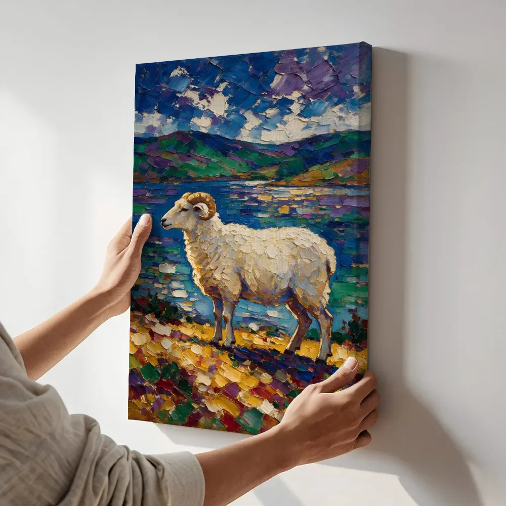 Sfeerimpressie: Schaap in pose aan het water terwijl het aan de muur wordt gehangen