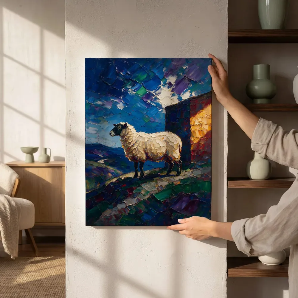 Sfeerimpressie: Schaap in pose tegen een muur in de schaduw naast de kast