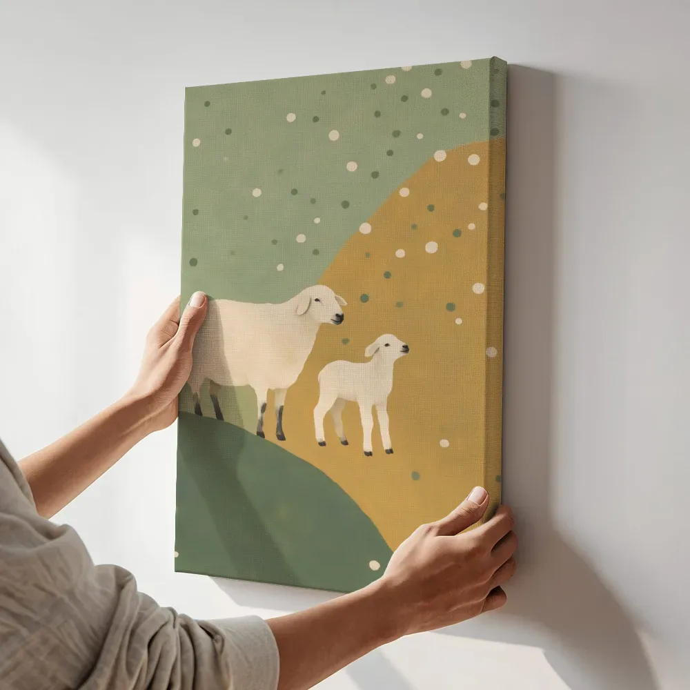 Sfeerimpressie: Schaap in salie en oker terwijl het aan de muur wordt gehangen