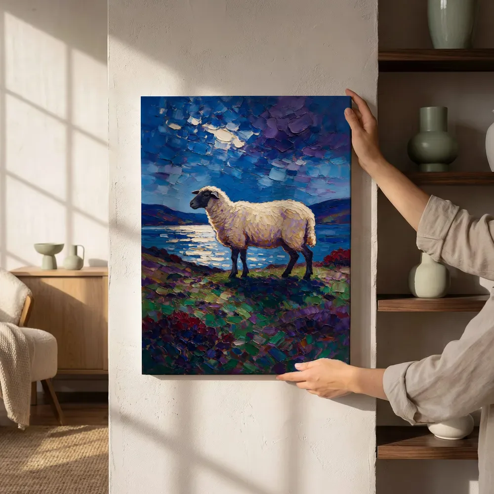 Sfeerimpressie: Schaap in warme pose aan het water naast de kast