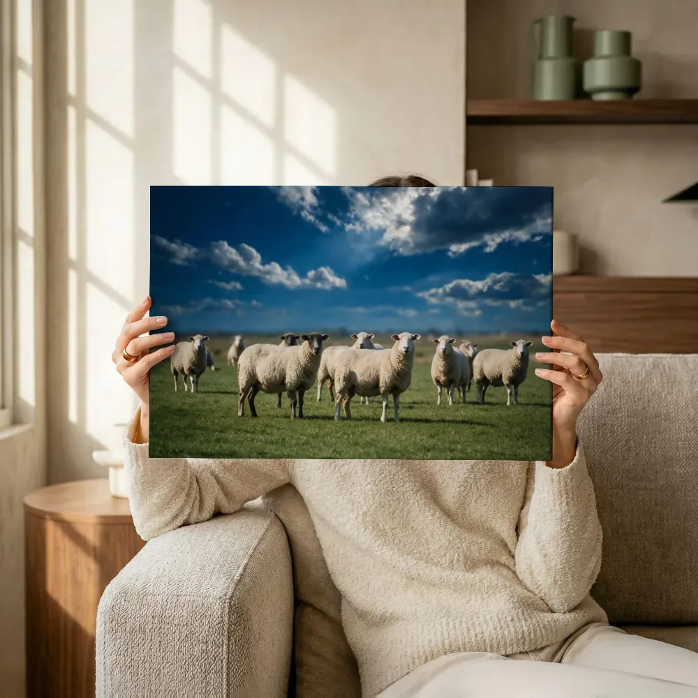 Sfeerimpressie: Schaap op afstand, een dramatische blauwe lucht terwijl het omhoog wordt gehouden