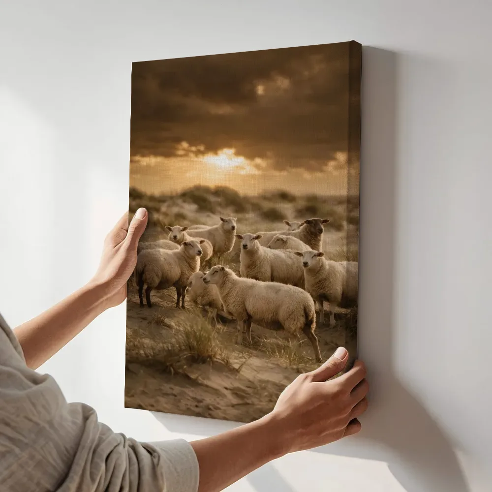 Sfeerimpressie: Schaap op afstand, een dreigende luchten met een sepia-gloed terwijl het aan de muur wordt gehangen