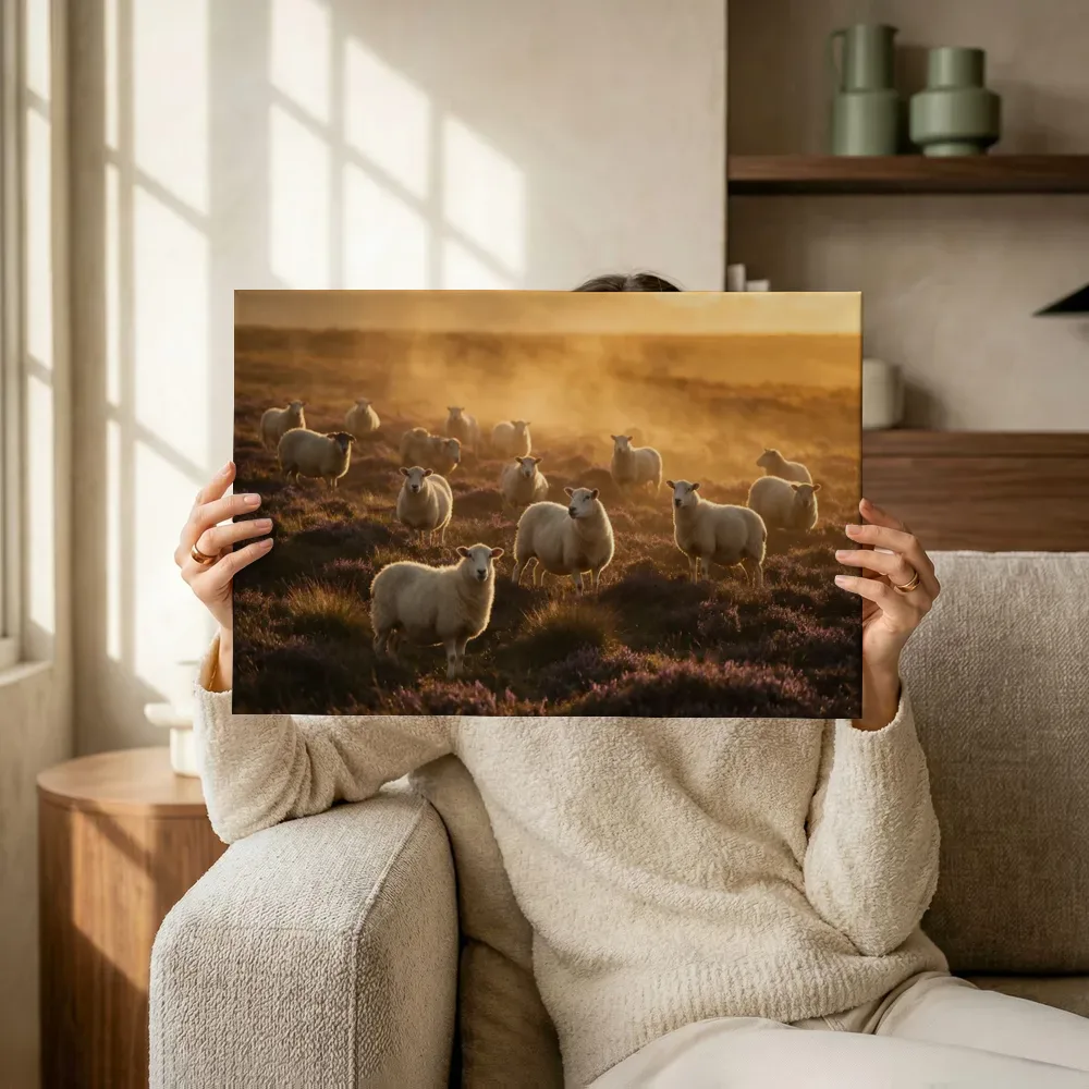 Sfeerimpressie: Schaap op afstand, een gouden namiddagzon terwijl het omhoog wordt gehouden