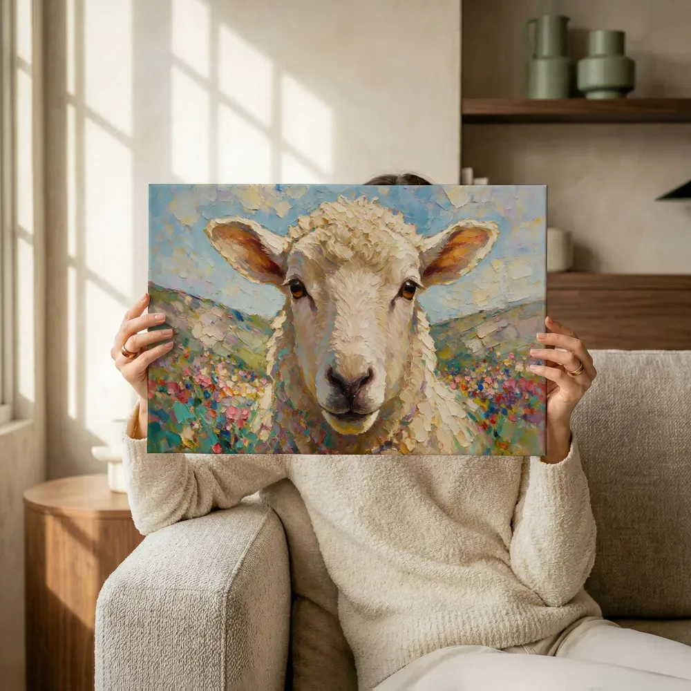 Sfeerimpressie: Schaap portret diep in een bloementuin terwijl het omhoog wordt gehouden
