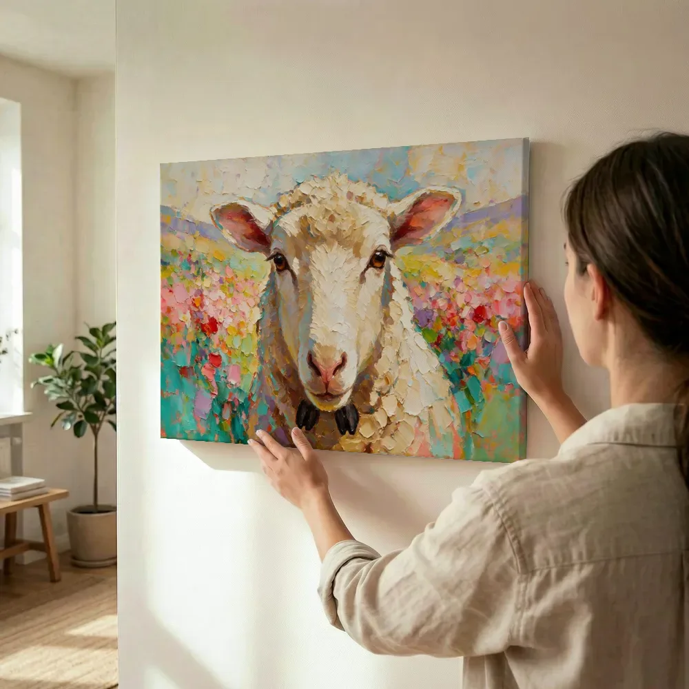 Sfeerimpressie: Schaap portret donker in een bloementuin terwijl het wordt opgehangen