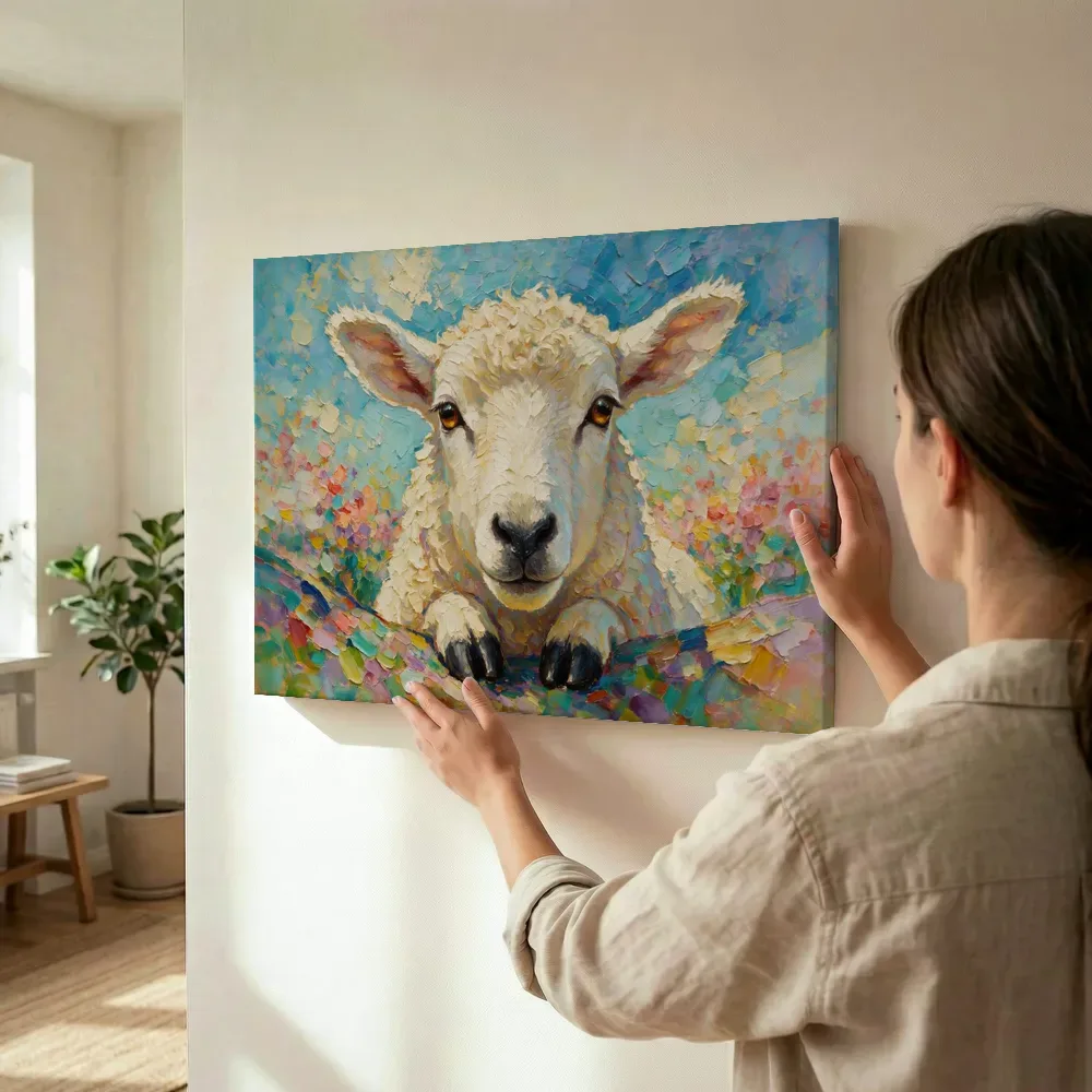 Sfeerimpressie: Schaap portret in een bloementuin terwijl het wordt opgehangen