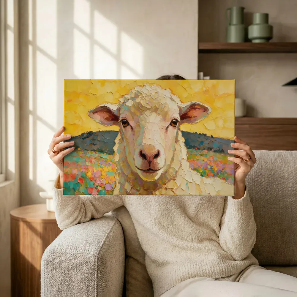Sfeerimpressie: Schaap portret warm in een bloementuin terwijl het wordt opgehangen